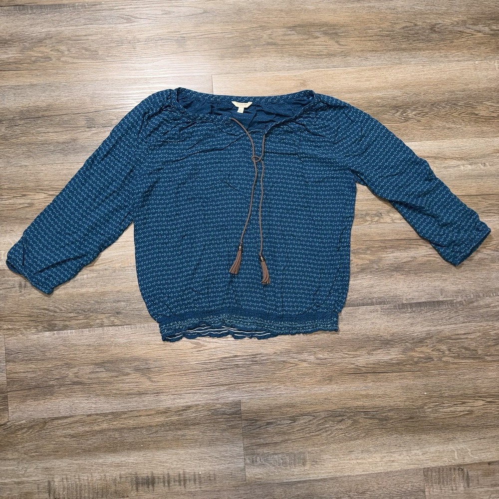 Sonoma Aqua Green Peasant Top Womens Large 3/4 Sleeve Small Geometric Pattern